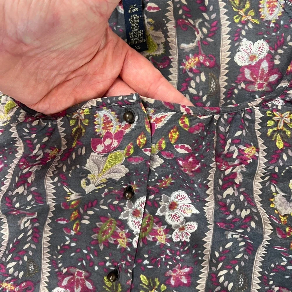 Banana Republic Silk Blend Floral Boho Square Neck Puff Sleeve Blouse XS Purple‎